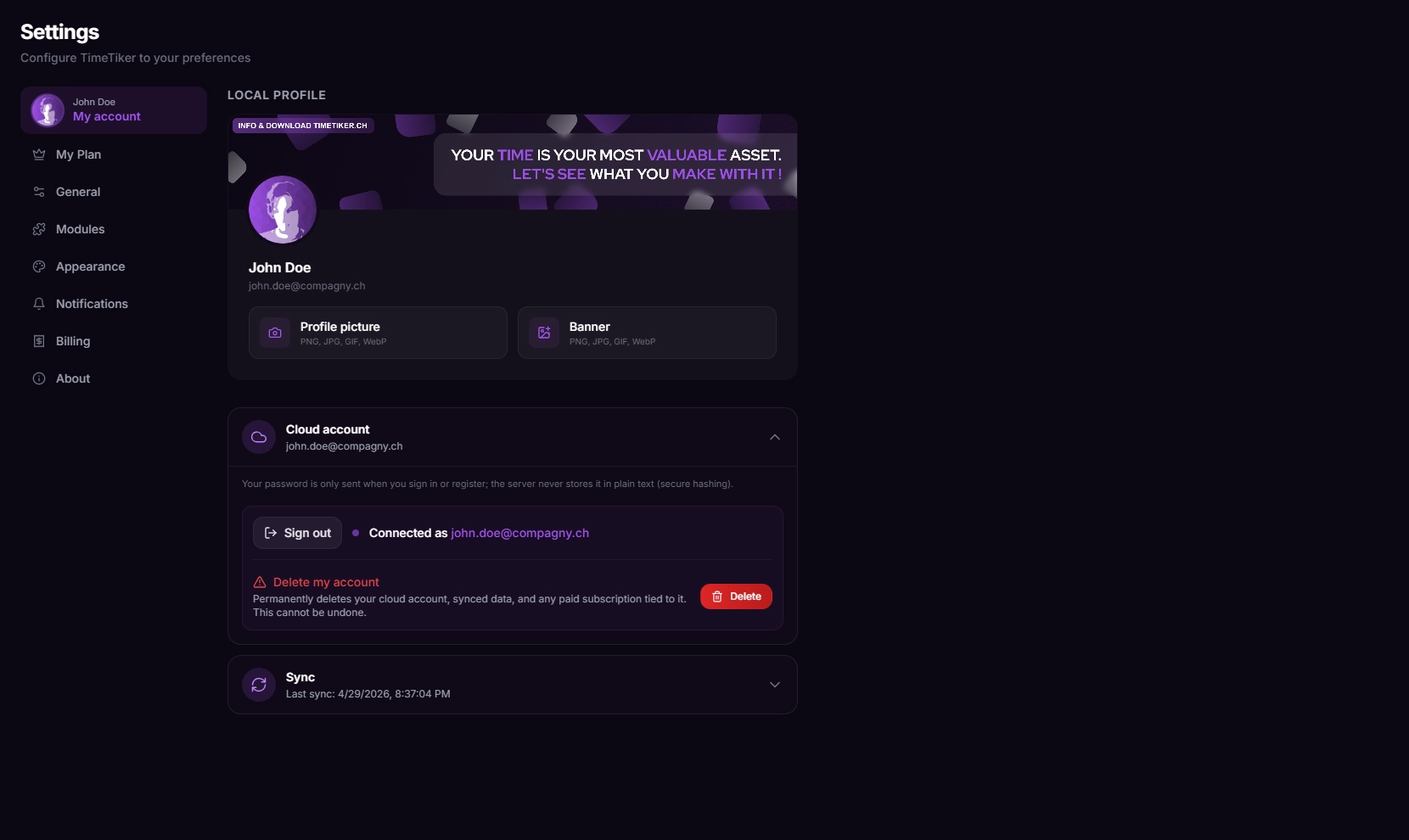 Manage your local profile, cloud connection, and data synchronization